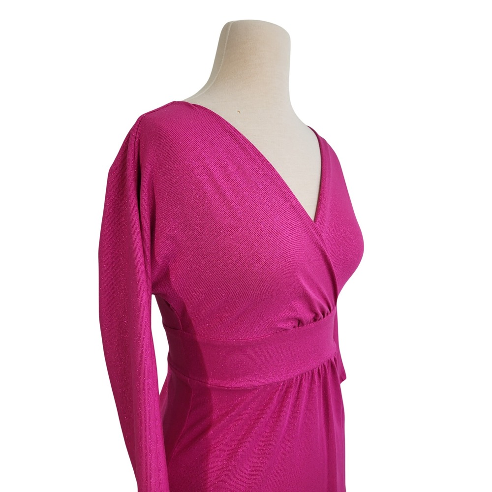 Y2K Express Pink Metallic Empire Waist V-Neck 3/4 Sleeve VBack Shimmer Top S New - Picture 3 of 9